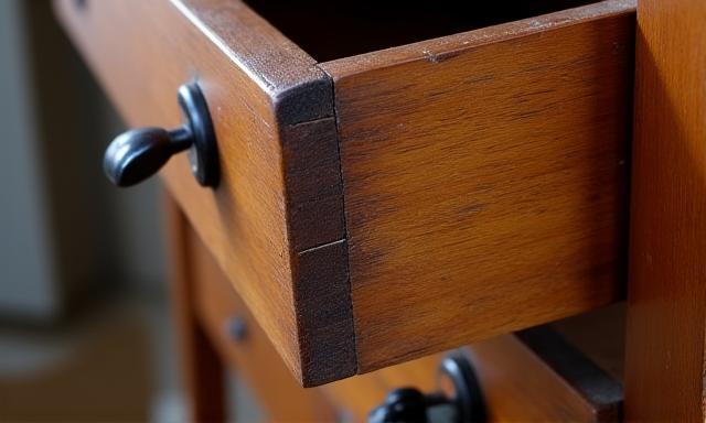 Restauriertes antikes Holzmöbelstück, deutliche Spuren der Aufarbeitung