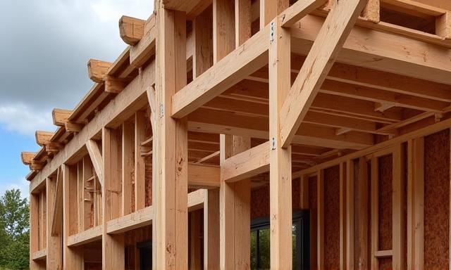 Stabile Holzrahmenkonstruktion eines Gebäudes im Bau, traditionelle Zimmermannskunst
