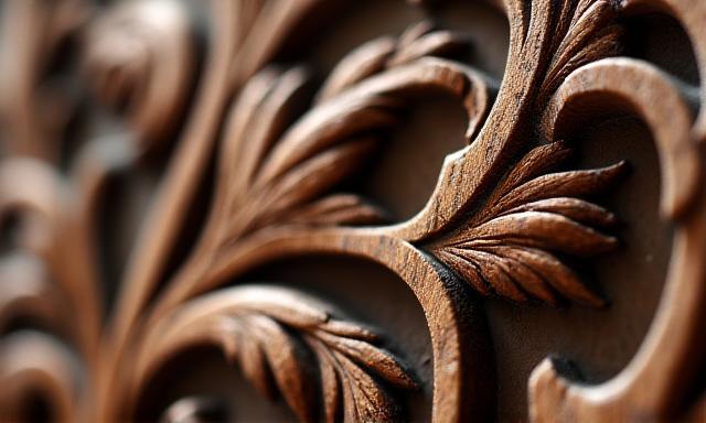 Detailaufnahme einer kunstvollen Holzschnitzerei, traditionelles Motiv