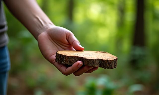 Hand, die ein Stück nachhaltig gewonnenes Holz hält, grüner Wald im Hintergrund