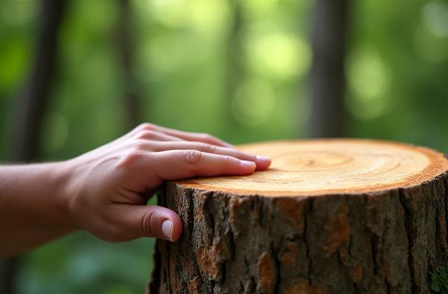 Eine Hand streichelt nachhaltig gewonnenes Holz von einem Baumstamm mit grünen Blättern im Hintergrund